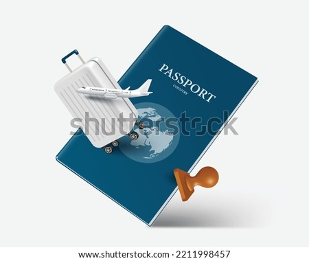 Luggage bags, model planes and brown wooden rubber stamps floating in the air on a blue passport,vector 3d idolated on white background for high season  travel concept design 