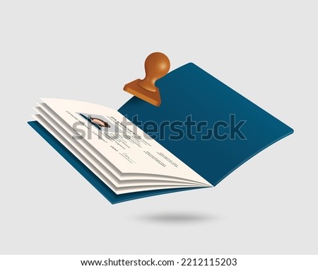 A wooden rubber stamp floats in the air on open passport for international travel and tourism,vector 3d isolated on white background 
