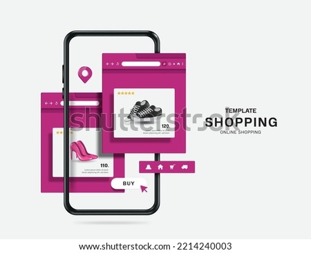 Purple tone online shopping application template on web browsers overlapping 2 tabs and all displayed on smartphone screen,vector 3d isolated for delivery and online shopping advertising design