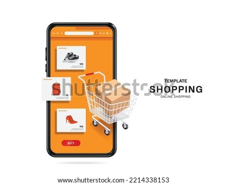 Parcel box in the shopping cart floating on the smartphone screen with online shopping app template on screen,vector 3d isolated on white backgound for shopping online and delivery concept design