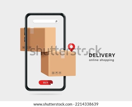 Two parcel boxes stacked on top of each other and display on smartphone screen and has pin that is pinned on box for delivery to customers,vector 3d isolated for transport and online shopping concept