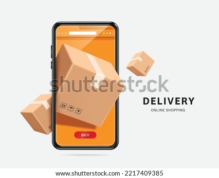 parcel boxes display on smartphone screen and floating around on the air,vector 3d isolated on white background for transport,logistics,delivery and online shopping concept design