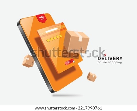 Brown parcel box or cardboard box display and floats out of web browser that is an online shopping platform on smartphone,vector 3d isolated for transport,logistics and online shopping concept design