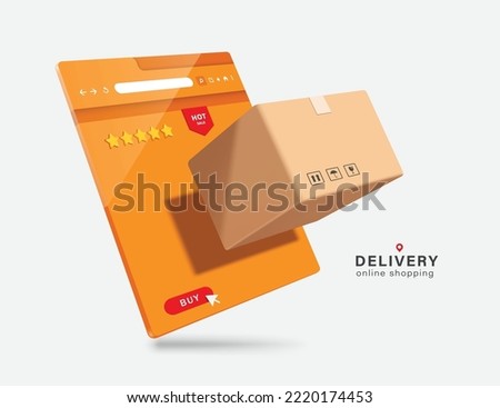 A brown parcel box or cardboard box display and floats out of a web browser that is an online shopping platform,vector 3d isolated for transport,logistics and online shopping concept design