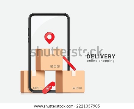 Parcel box or cardboard box are stacked and placed in front of smartphone and there are pin location icon, buy, search bar placed in front as well,vector 3d isolated for transport,delivery concept