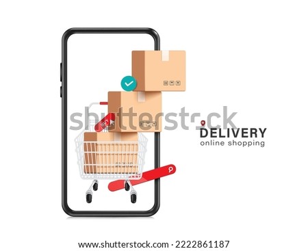 Parcel boxes or cardboard boxes are stacked three layers in a shopping cart and all object display on a smartphone screen,vector 3d isolated for delivery,transport and online shopping concept design