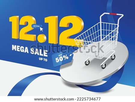 Shopping cart sits on a white round podium and all rests on a blue ribbon on the side there is a promotion text mega sale 12.12, 50% discount, promotion on the twelfth day of the twelfth month