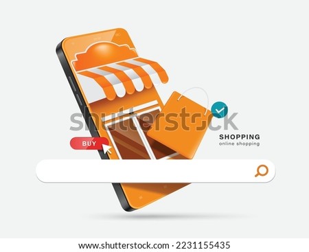 Orange shopping bag, search bar, press buy icon appear and display front smartphone store or shop,vector 3d isolated on white background for e commerce,delivery and online shopping concept