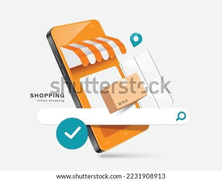 parcel box,order confirmation icon,search bar,display in front of the opening door of a smartphone store,vector 3d isolated on white background for delivery and online shopping concept design