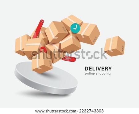 bulk parcel boxes or cardboard box and pins, buy icon, order confirmation icon, search bar Floating in air above a white round podium,vector 3d for e commerce,delivery,online shopping concept design
