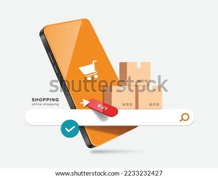 parcel boxes or cardboard boxes, search bar,buy icon,confirm icon appear and display front smartphone screen,vector 3d isolated on white background for e commerce,delivery and online shopping concept