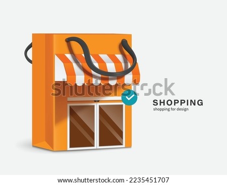 Shop or store shaped with orange shopping bag and there is an order confirm icon pop up above,vector 3d isolated on white background for e commerce and shopping promotion advertising design