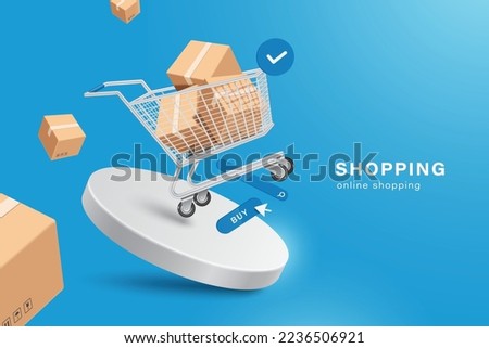 Parcel boxes or cardboard float into shopping cart and have an order confirm pop-up icon next to them and all float above buy icon,search bar and round white podium,vector 3d for shopping design