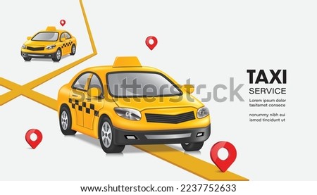 yellow taxis or cabs is driving to drop off passengers following the yellow GPS and route red pin to their location,vector 3d isolated on white background for advertising about public transport