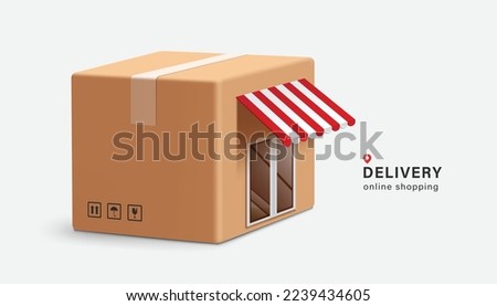 Shop or store with buildings shaped like brown parcel boxes or carton,vector 3d isolated on white background for logistics,delivery,and online shopping concept,vector for advertising design