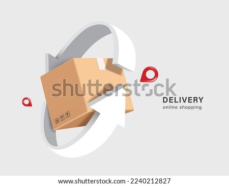 
white arrow circles the parcel box or carton box to represent recycling of paper or to signify box that parcel is being returned to the sender,vector 3d isolated for logistics,delivery concept design