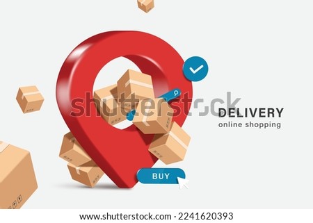 Parcel boxes stacked on top of each other and overflowed. And all of them are placed on red location pins and there are search bar,buy,and order confirmation icons around the area,vector for delivery