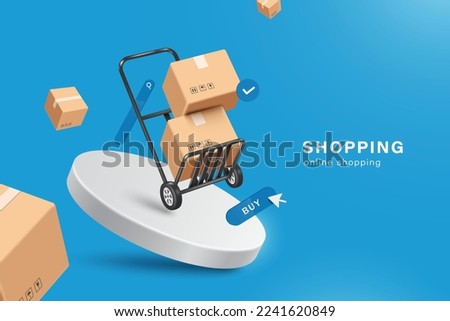 Parcel boxes or cardboard box place in cart drag and have an order confirm pop-up icon next to them and all float above buy icon,search bar and round white podium,vector 3d for logistics design