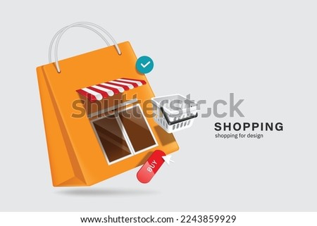 Store or shop
shaped like shopping bag shapes and with order confirmation icons,basket,buy button appeared in front of the entrance door,vector3d isolated for shopping promotion advertising design