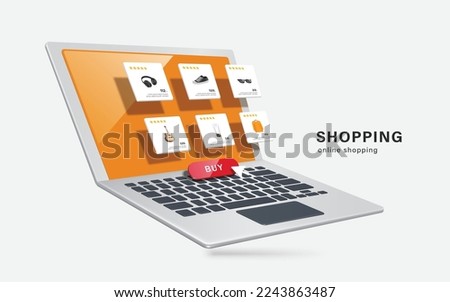 Template or Mockup as for product placement on laptop computer online shopping application,many products are displayed on laptop screen and and there is buy button in middle,vector 3d for delivery