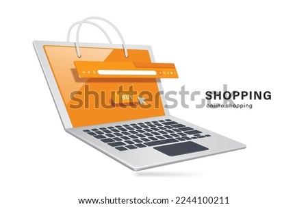 Laptop computer with a handle that looks like a shopping bag and there is a buy icon button and a pop up web tab displayed on screen,vector 3d isolated for e commerce,delivery,online shopping concept