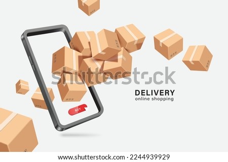 Parcel box or cardboard box floats in the air and plunges into the smartphone and below it there is a buy button,vector3d isolated for logistics,e commerce,delivery,online shopping concept design
