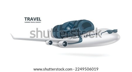 A passenger plane carrying a backpack on its back with a passport tucked next to it is taking off for an international travel,vector 3d isolated on white background for travel advertising design