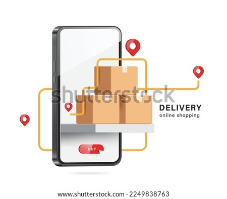 A GPS route with a pin to locate delivery location runs around parcel boxes or cardboard boxes placed on shelf in front of smartphone screen and the buy button beneath,vector 3d for online shopping