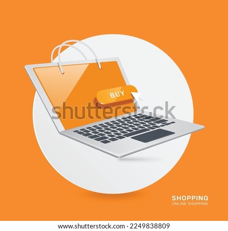 Laptop computer with a handle that looks like shopping bag and there is buy button display on screen and all place on white circle,vector 3d isolated for e commerce,delivery,online shopping concept