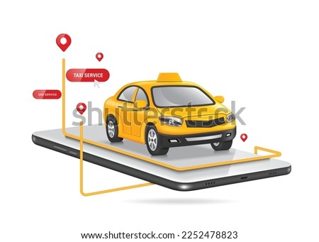 yellow taxi or cab on smartphone is driving to drop off passengers following the yellow GPS and route red pin to their location,vector 3d isolated on white background for advertising about public