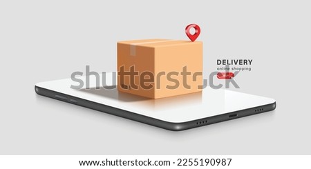 A red pin is placed on the brown parcel box or cardboard box and all plece on smartphone,vector 3d isolated on white background for logistics,delivery,transport and online shopping concept design