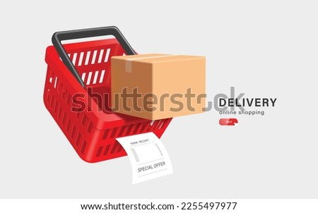 brown parcel box or cardboard box is place on top of red shopping basket and paper receipt with special offer text flows out of box,vector3d isolated for logistics,delivery and online shopping concept