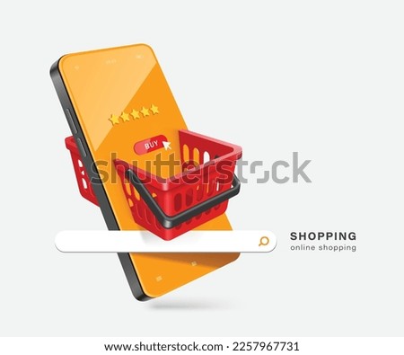 Red shopping basket displayed on smartphone screen At top there is button with buy icon and five stars representing premium product being sold to customers,vector 3d for online shopping concept design
