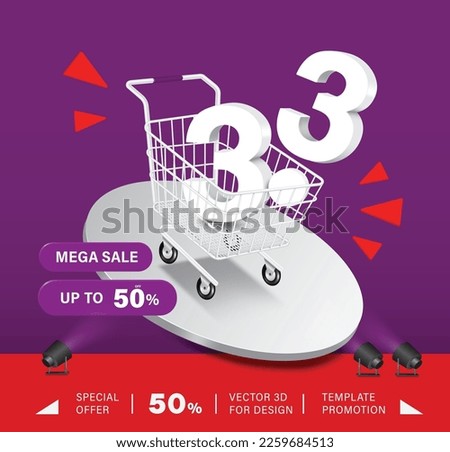 3.3 3D text float out shopping cart and below them there is promotional tag in the mega sale campaign 50% off and all on a round podium,vector for Promotion on the third day of the third month