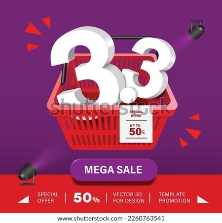 3.3 3D text place on red shopping basket and below them there is promotional tag in the mega sale campaign 50% off ,vector on purple background for Promotion on three day of three month