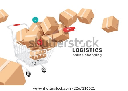 bulk parcel boxes or cardboard boxes and pins,buy icon,order confirmation icon Floating out shopping cart or trolley,vector 3d for logistics,delivery,online shopping concept design