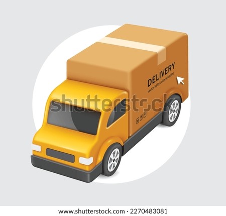 big brown parcel box or cardboard box place on yellow truck and all display on white circle,vector 3D isolated on white background for logistics,delivery,transport,online shopping concept design