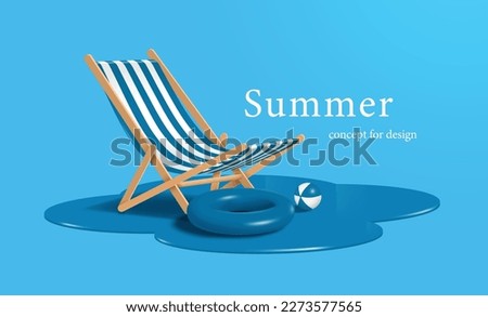 Beach chair or deck chair,lifebuoys or Swim ring,inflatable ball,all floating on the surface of the sea,vector 3d on blue background for travel summer concept,vector for summer advertising design