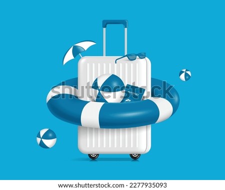 white suitcase or suitcase is worn with lifebuoy and has blue passport and inflatable ball  place front center and glasses and umbrella on top,vector 3d on blue background for travel summer season