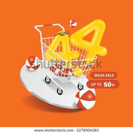 4.4 3D text float out shopping cart and below them there is promotional tag in the mega sale campaign 50% off and all on a round podium,vector for Promotion four day of four month