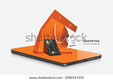 Paper receipts labeled special offer overflow from an orange shopping bag and black credit card leaning against shopping bag and all place on smartphone screen ,vector 3d for delivery, online shopping