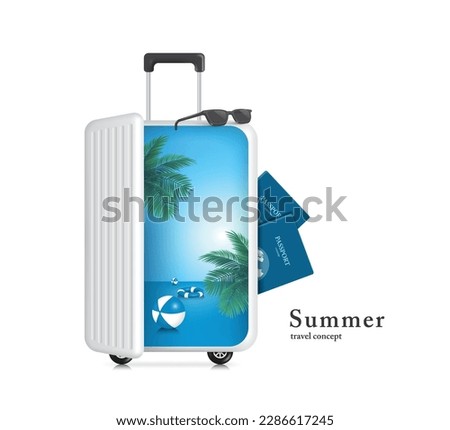 white suitcase or luggage was opened. Seeing inside is sea, sky and coconut trees in summer and on top there are sunglasses and blue passport on the side ,vector 3d isolated for travel summer concept