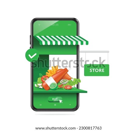 food, vegetables, spices many are placed front green smartphone store to wait for customers to press buy order button below, food delivery, vector 3d isolated for delivery advertising design