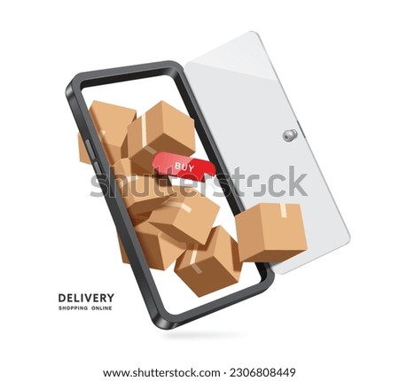 parcel  boxes or cardboard boxes piled up in front of a door or smartphone opening after customer press buy order button, vector 3d isolated for logistic, e commerce, delivery ,online shopping concept