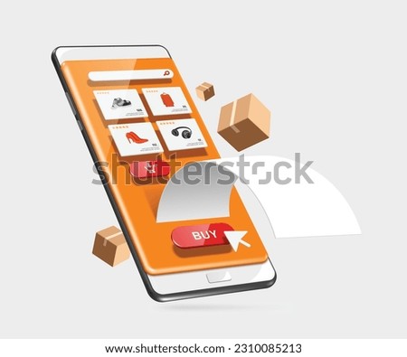 Template or Mockup as for product placement, parcel box or cardboard box, buy icon, add to basket icon, paper receipt all display on smartphone screen, vector 3d for e commerce, online shopping 