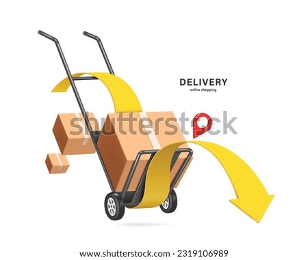 Parcel boxes or cardboard boxes are placed on cart used in warehouses and is following yellow arrow pin with red pin to deliver the goods to customer, vector 3d isolated for delivery, online shopping