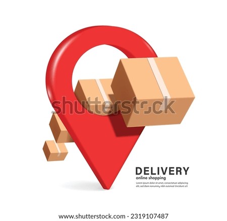 Parcel box or cardboard box floats in the air on the front and back of the red customer delivery placement pin, vector 3d isolated for ecommerce, logistics, delivery, online shopping concept design