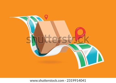 A parcel boxes or cardboard box is placed on a GPS map and a red pin marks location of the customer's route to deliver, vector 3d isolated for e commerce, logistics, delivery, online shopping concept