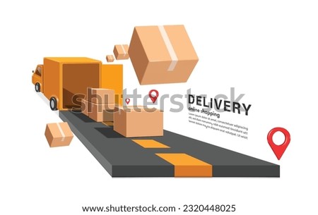 A truck loaded with parcel boxes or cardboard boxes stops open in middle of road to deliver products to customers according to customer pin location, vector 3d for delivery, online shopping concept