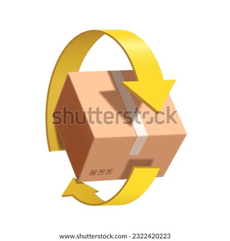 yellow arrow rotates around parcel box or cardboard box to represent recycling of paper or to signify that parcel box is being returned to sender,vector isolated for logistics ,delivery concept design